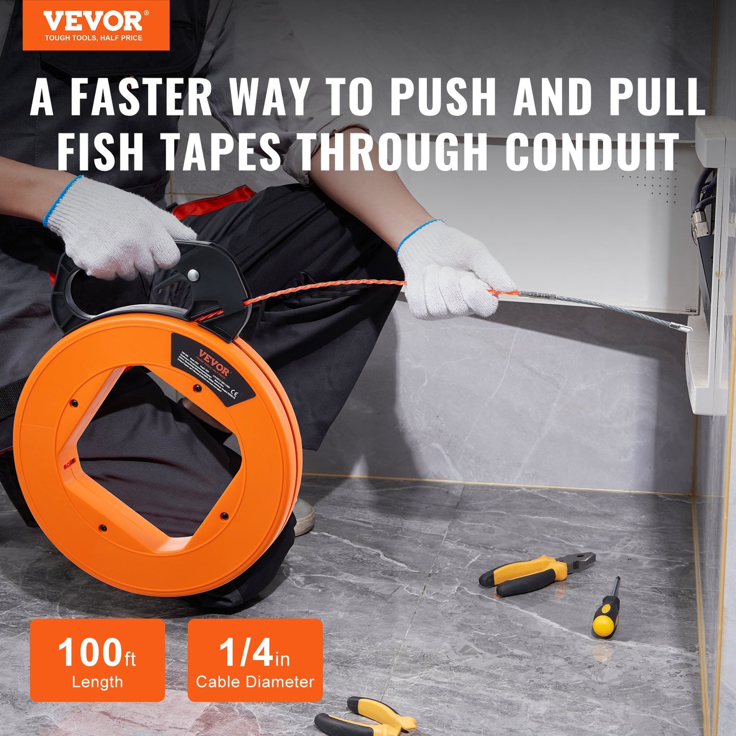 Fish Tape Wire Cable Line Puller 100 Ft 1/4 In PET Non-Conductive Cable Pulling Tool