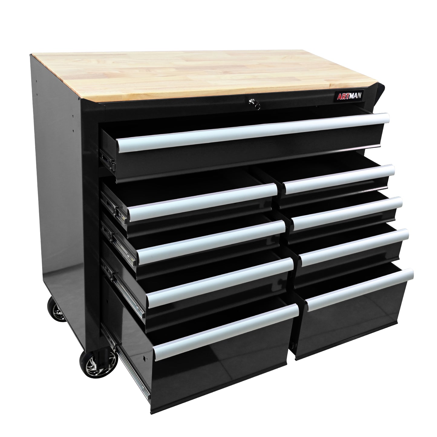 Multifunctional Tool Cart with 9 Drawers, Wheels & Wooden Top - Black