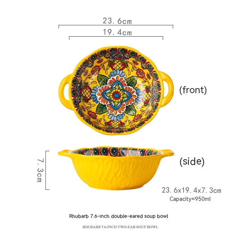 Ceramic Hand-Painted Flower Pattern Noodle Bowl with Double Handles - 950ML