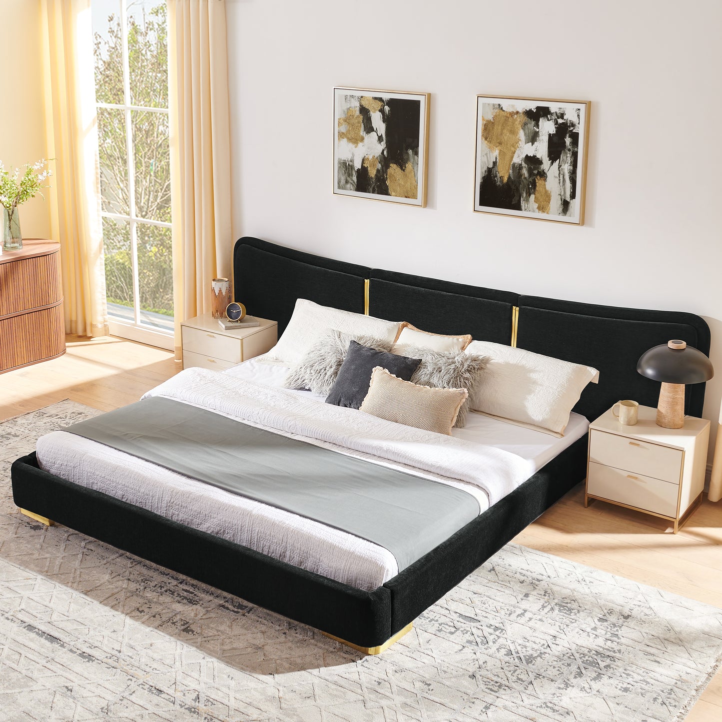 King Size Platform Bed with Soft Chenille Frame & Curved Headboard - Black