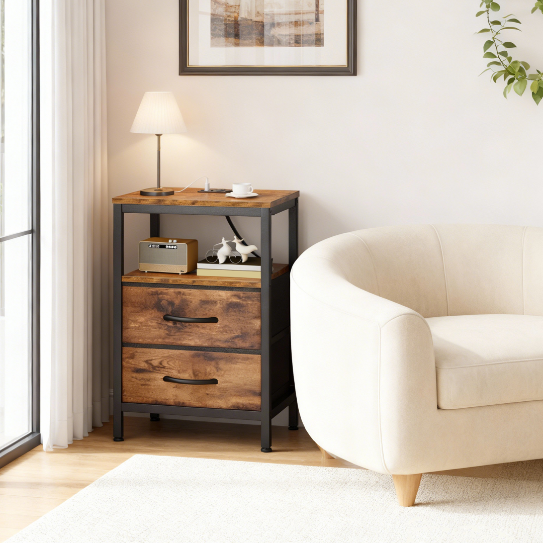 Compact Bedside Table with Charging Station & Fabric Drawers - Brown
