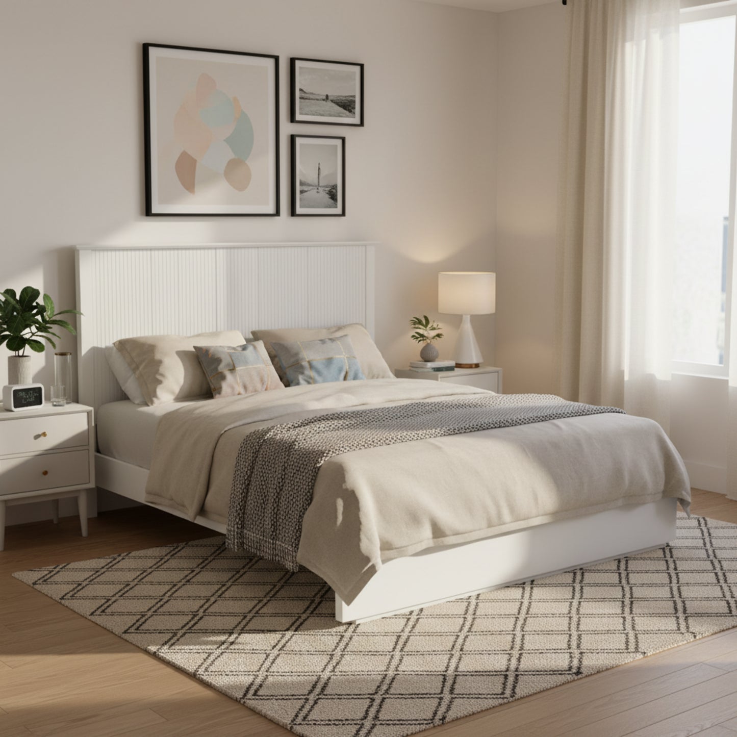Stylish Queen Size Bed Frame - White Solid Wood, 600lbs Capacity
