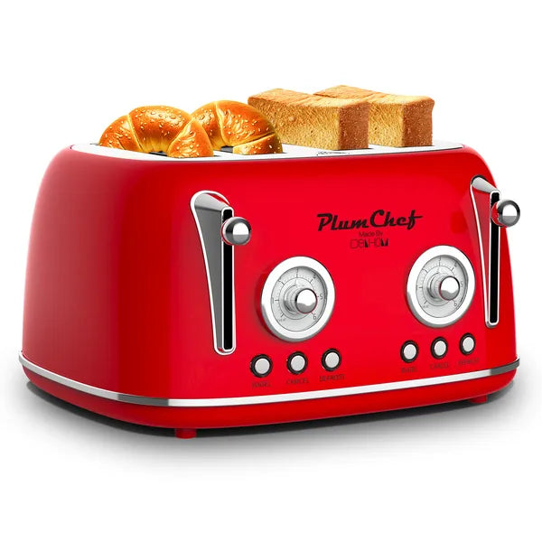 4 Slice Retro Toaster with Warming Rack - 6 Browning Settings, Red Kitchen Appliance