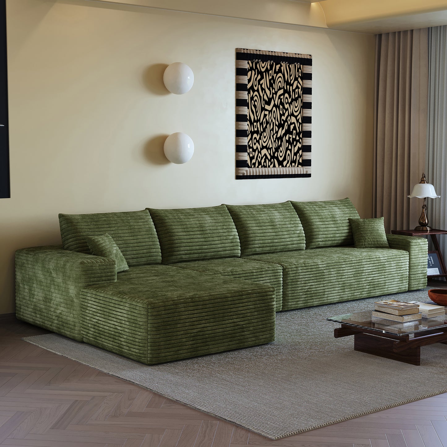 135" Cloud Sectional Couch with L-Shape Chaise - Green Plush Fabric