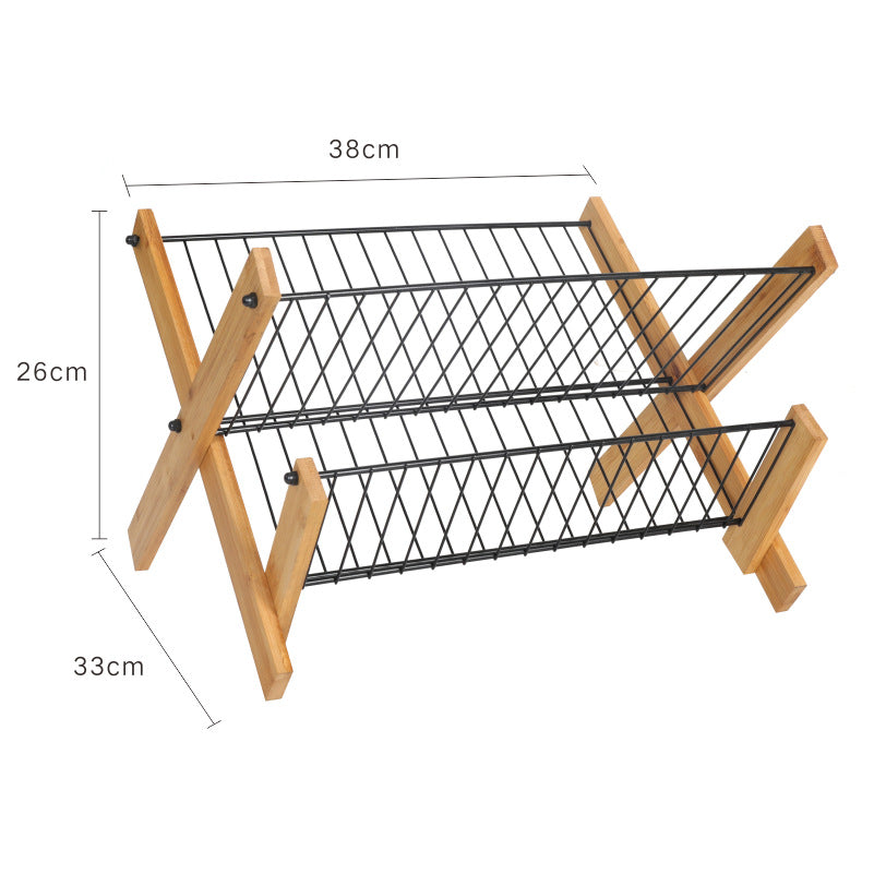 Folding Bamboo Kitchen Dish Draining Storage Rack with Steel Frame