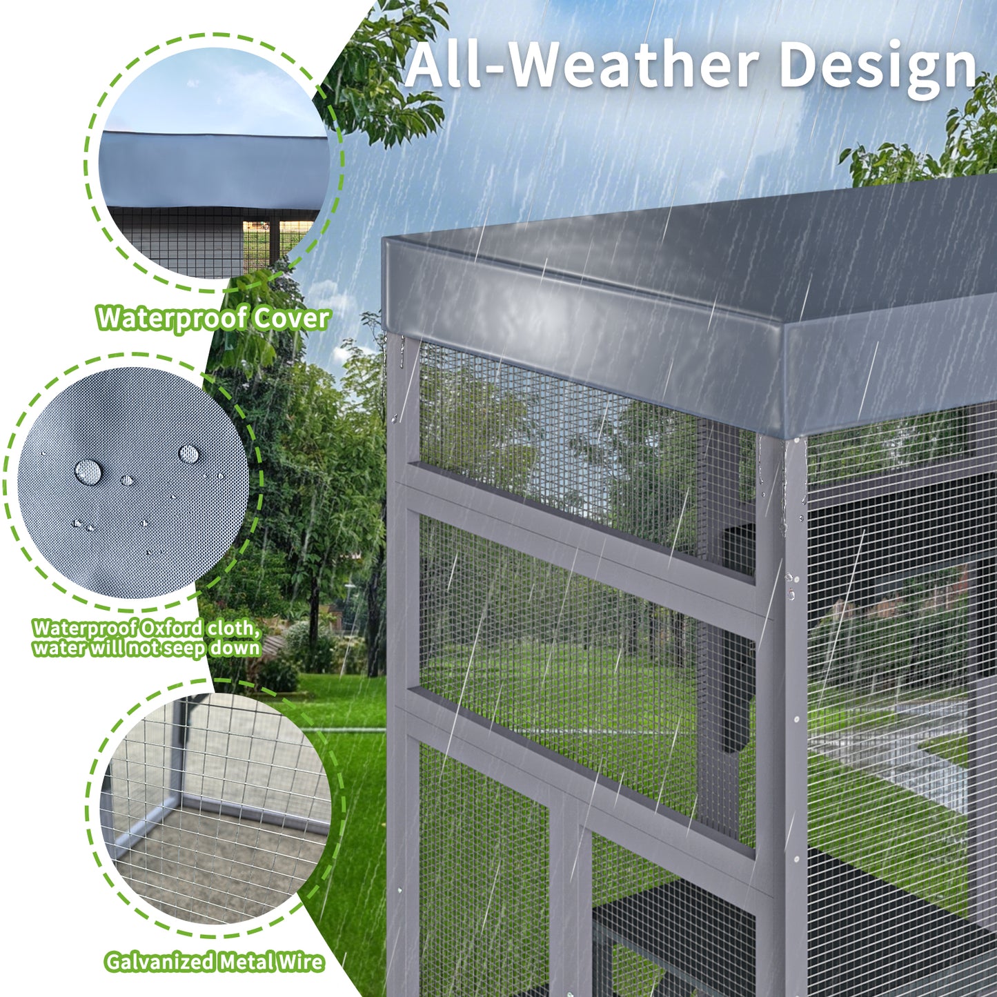62.6-Inch Wooden Cat Enclosure with Water-Resistant Cover and Multiple Platforms