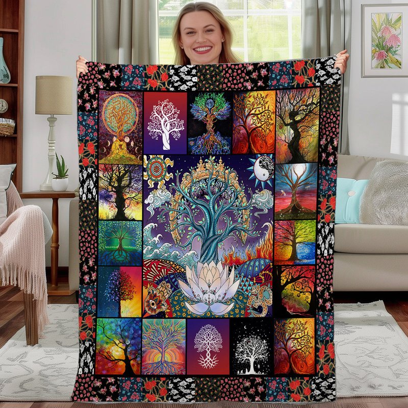 Multicolor Flannel Blanket with Lotus Tree Pattern - Soft, Warm, Multifunctional Outdoor & Home Use