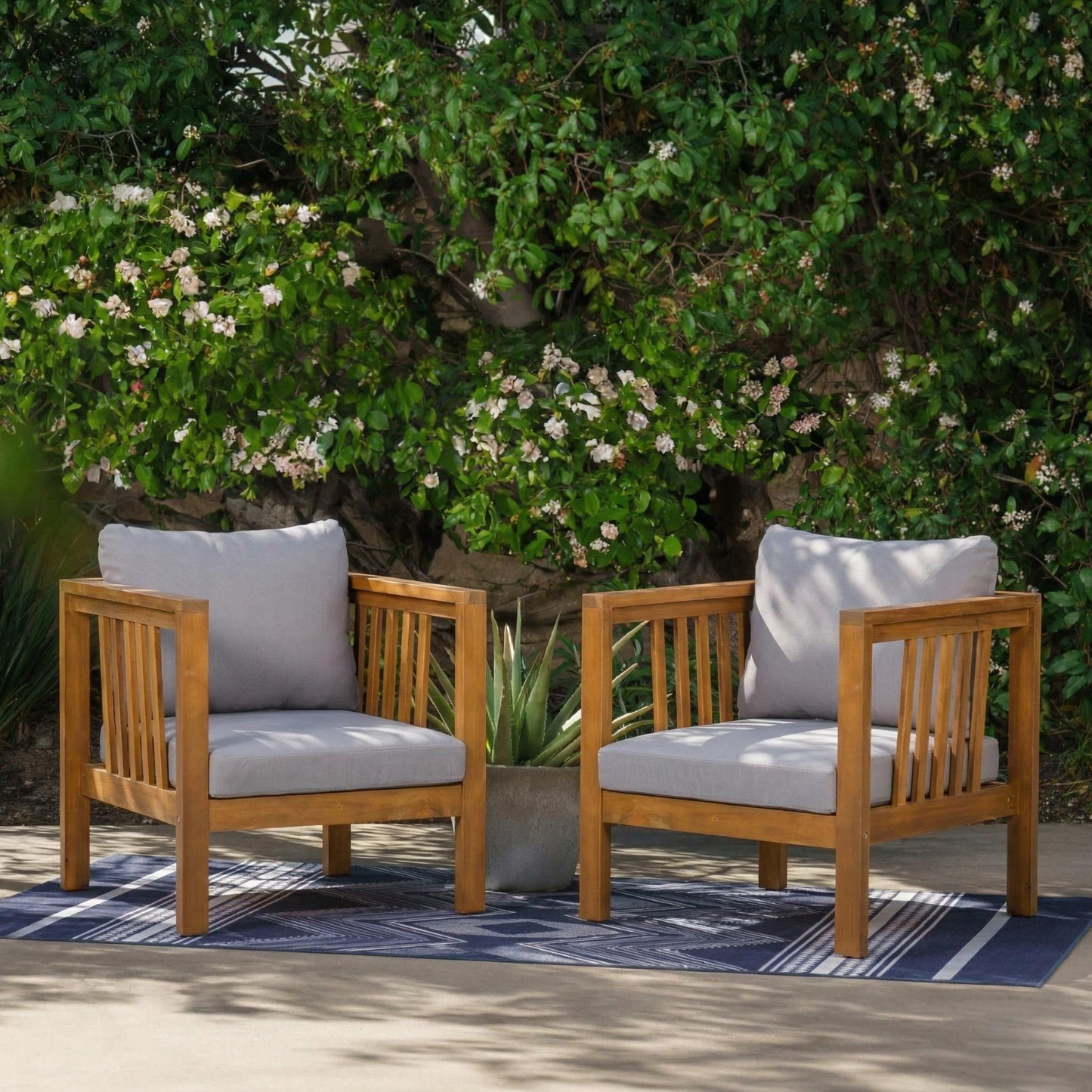 Set Of 2 Outdoor Acacia Wood Club Chairs With Modern Square Arms,