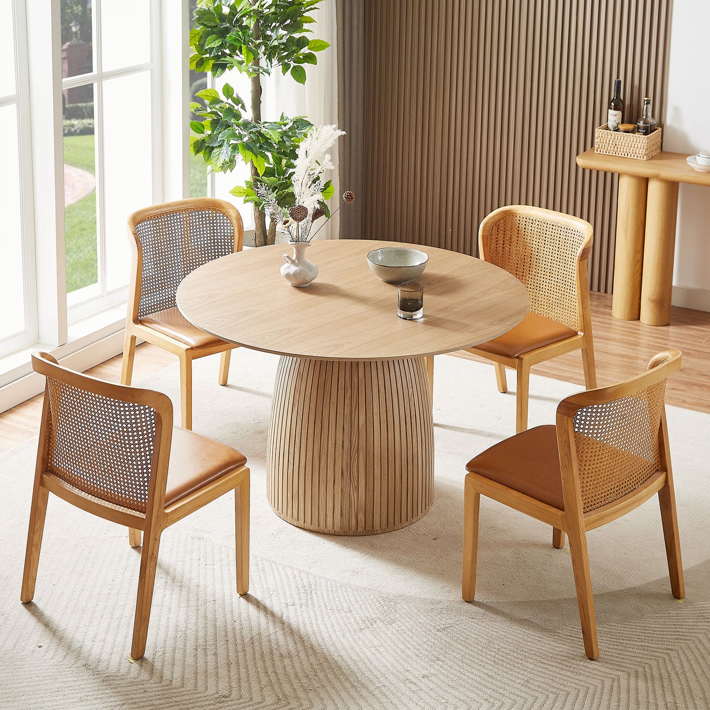 Round Wood Dining Table - 47.24" Modern Kitchen Table - Oak