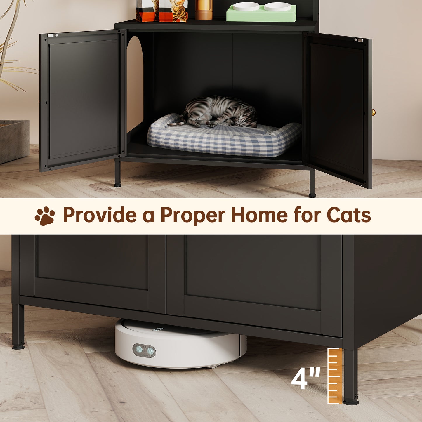 Metal Cat Litter Box Enclosure with 3-Tier Storage - Black