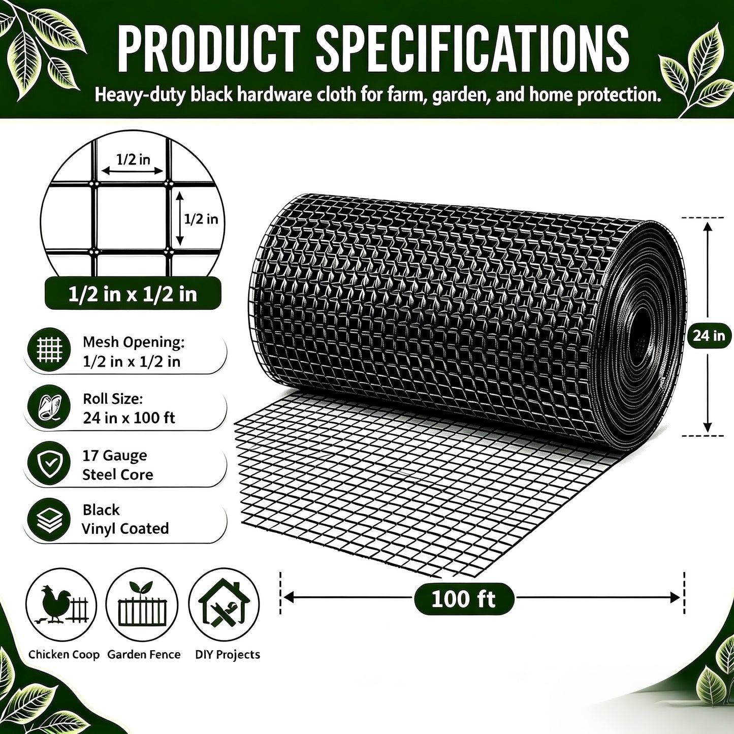 Black Metal Mesh Wire Roll - 24in x 100ft Chicken Fencing