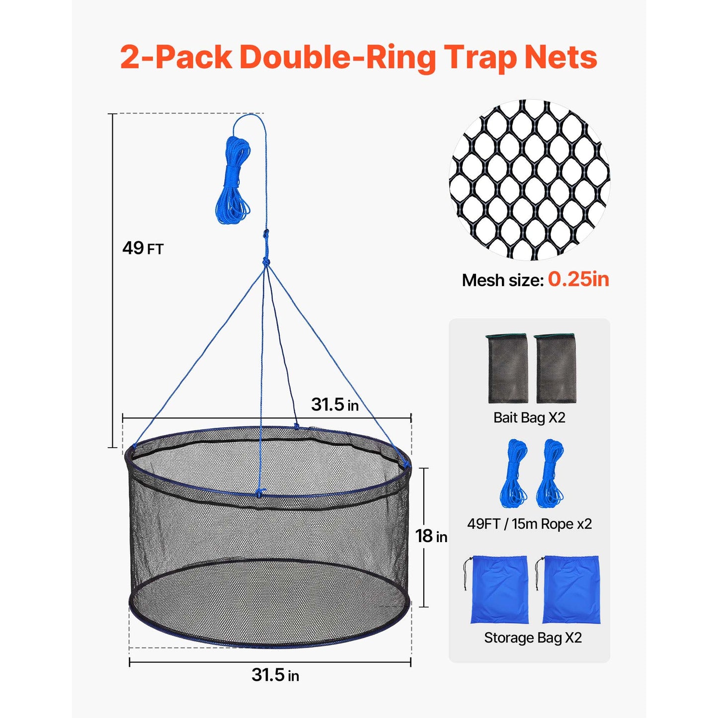 Foldable Fishing Net with Rope & Storage Bag - Portable Fish Landing Net for Minnows Shrimp Crawfish Crab