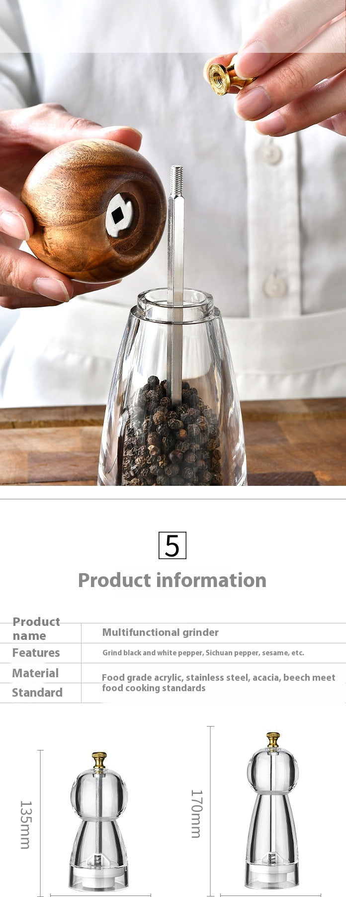 Manual Pepper Grinder with Acrylic or Stainless Steel Options - Kitchen Spice Mill