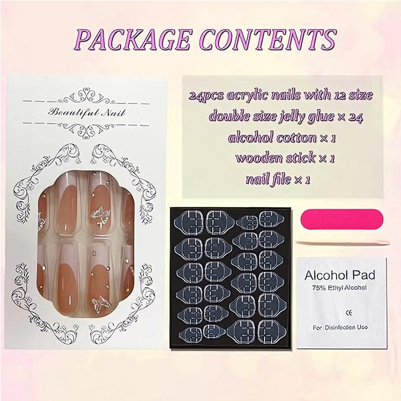 Long Square Press-On Nails - Butterfly & Diamond Design 24 Piece Set