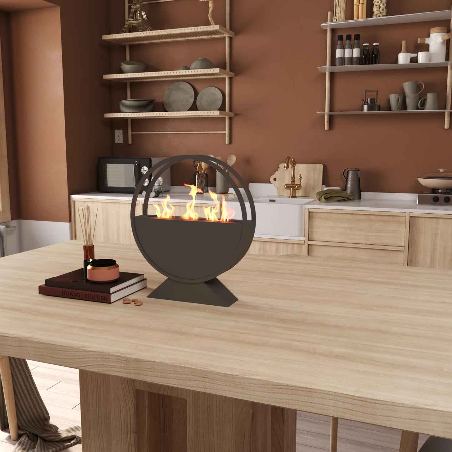 Black Round Bioethanol Fireplace - 13.7 x 15.7 Inch, Smokeless