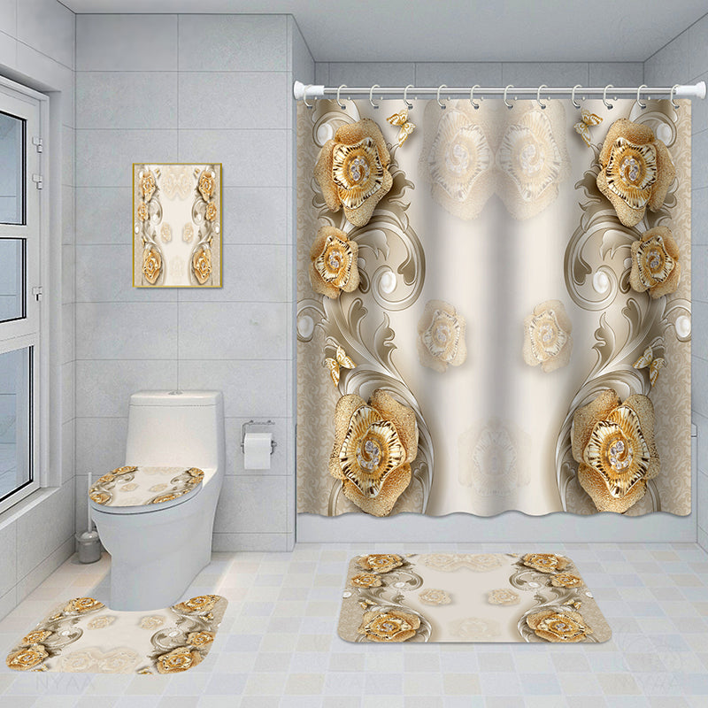 Bathroom 5-Piece Shower Curtain Set with Mat and Decorative Aluminum Frame