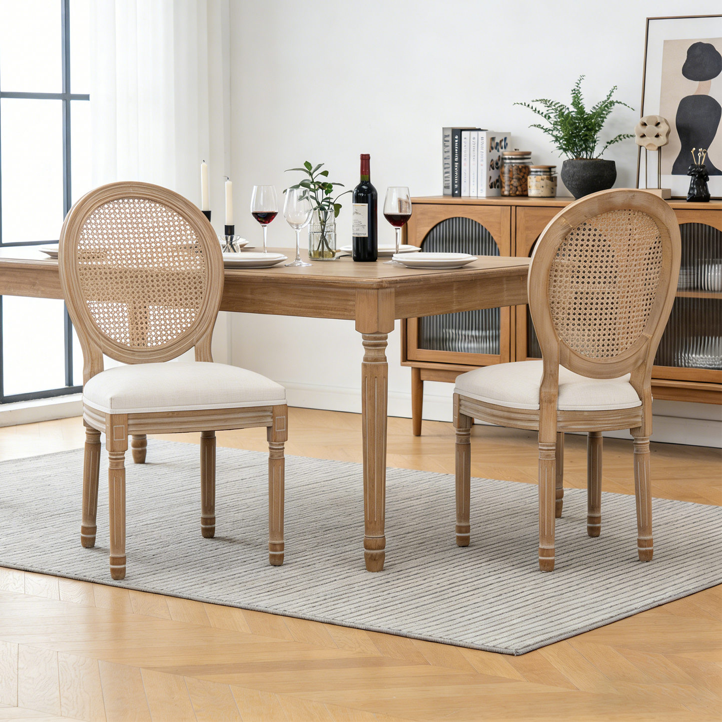 Farmhouse Dining Chairs with Cushioned Linen Seat - Set of 2, Beige