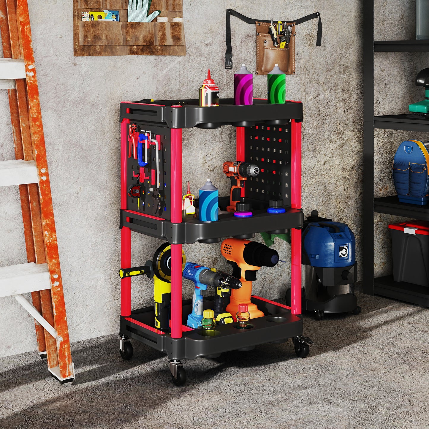 3-Tier Rolling Tool Cart - 200 lbs Capacity, Black & Red