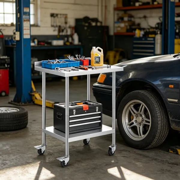 Sleek Metal Work Table With Easy To Clean And Adjustable Shelves For