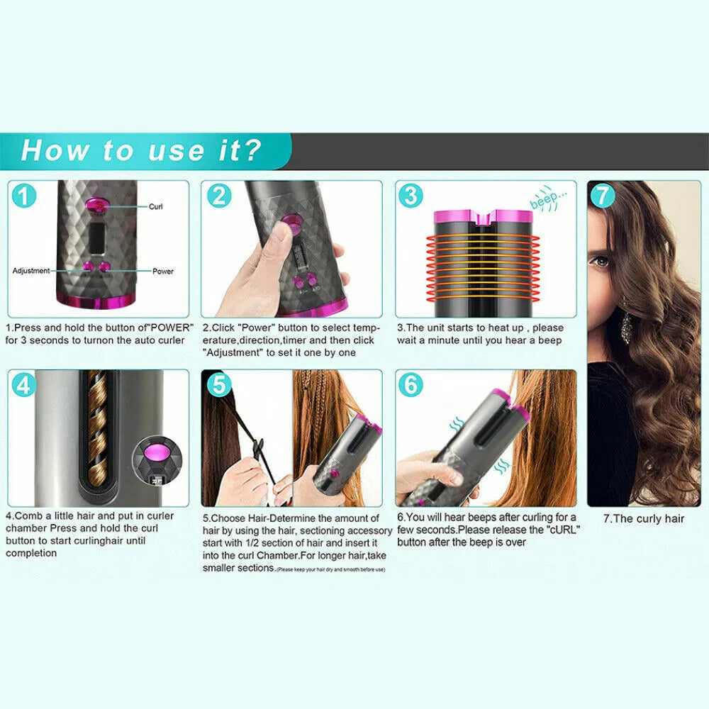 Cordless Auto-Rotating Hair Curler - Ceramic Wireless Curling Iron - Black