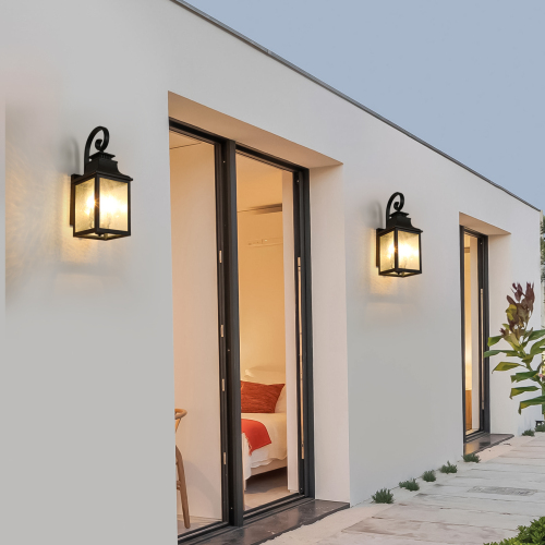 Outdoor Glass Wall Light - Vintage Black Sconce with Frosted Panel, Supports E12 Bulbs, Weatherproof, 2-Pack