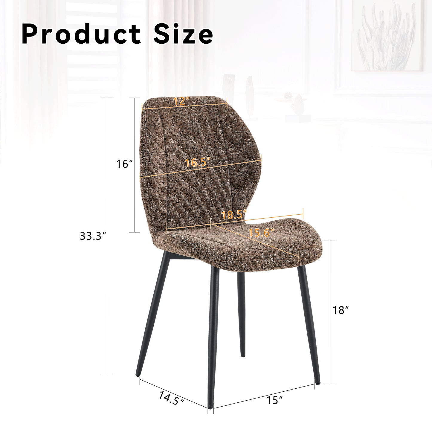 Set of 4 Retro Minimalist Brown Fabric Dining Chairs - Black Metal Legs