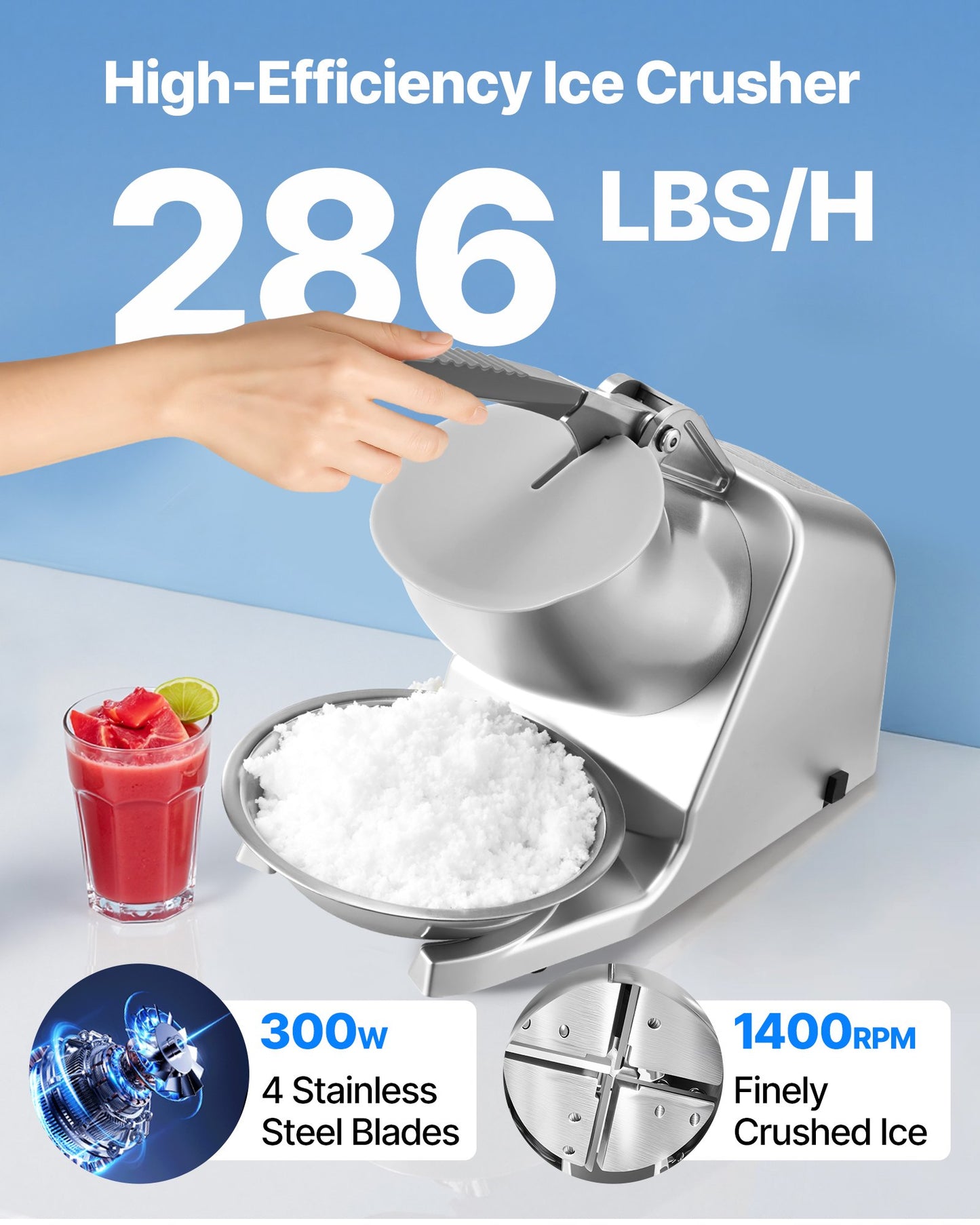 Electric Ice Crusher 286LBS/H Snow Cone Maker Shaved Ice Kitchen Appliance - Silver