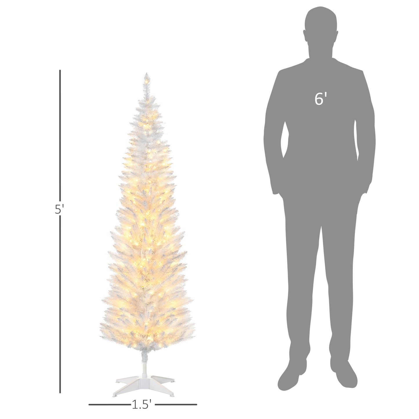 5ft Slim White Pencil Christmas Tree with Warm White LED Lights