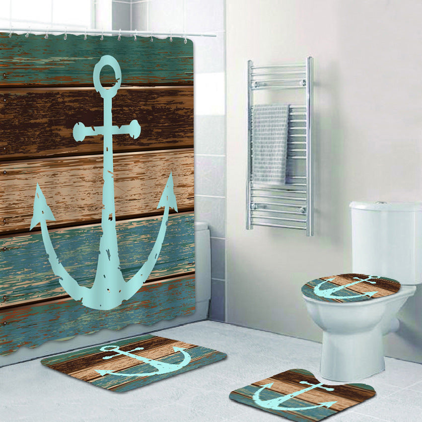 Bathroom Shower Curtain and Floor Mat Set Ocean World Printing - 4 Piece