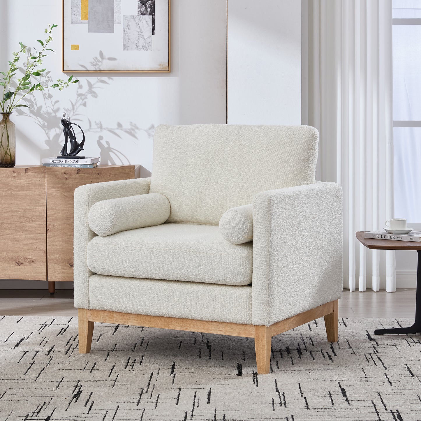 Modern Farmhouse Accent Chair with Wood Legs & Bolster Pillows - Ivory