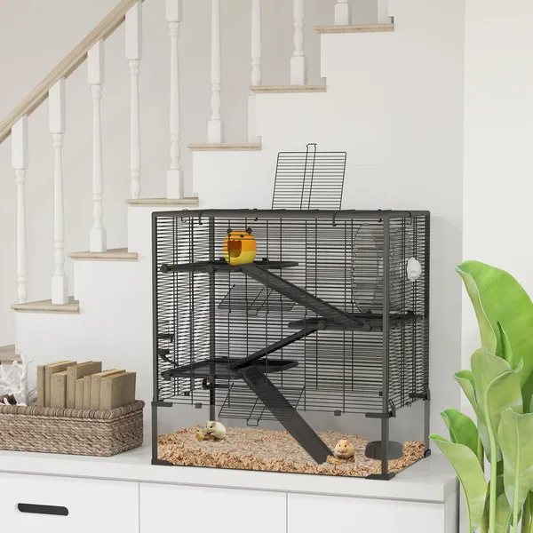 4-Tier Hamster Cage with Tempered Glass Bottom, Running Wheel, Hut, Water Bottle, Food Dish