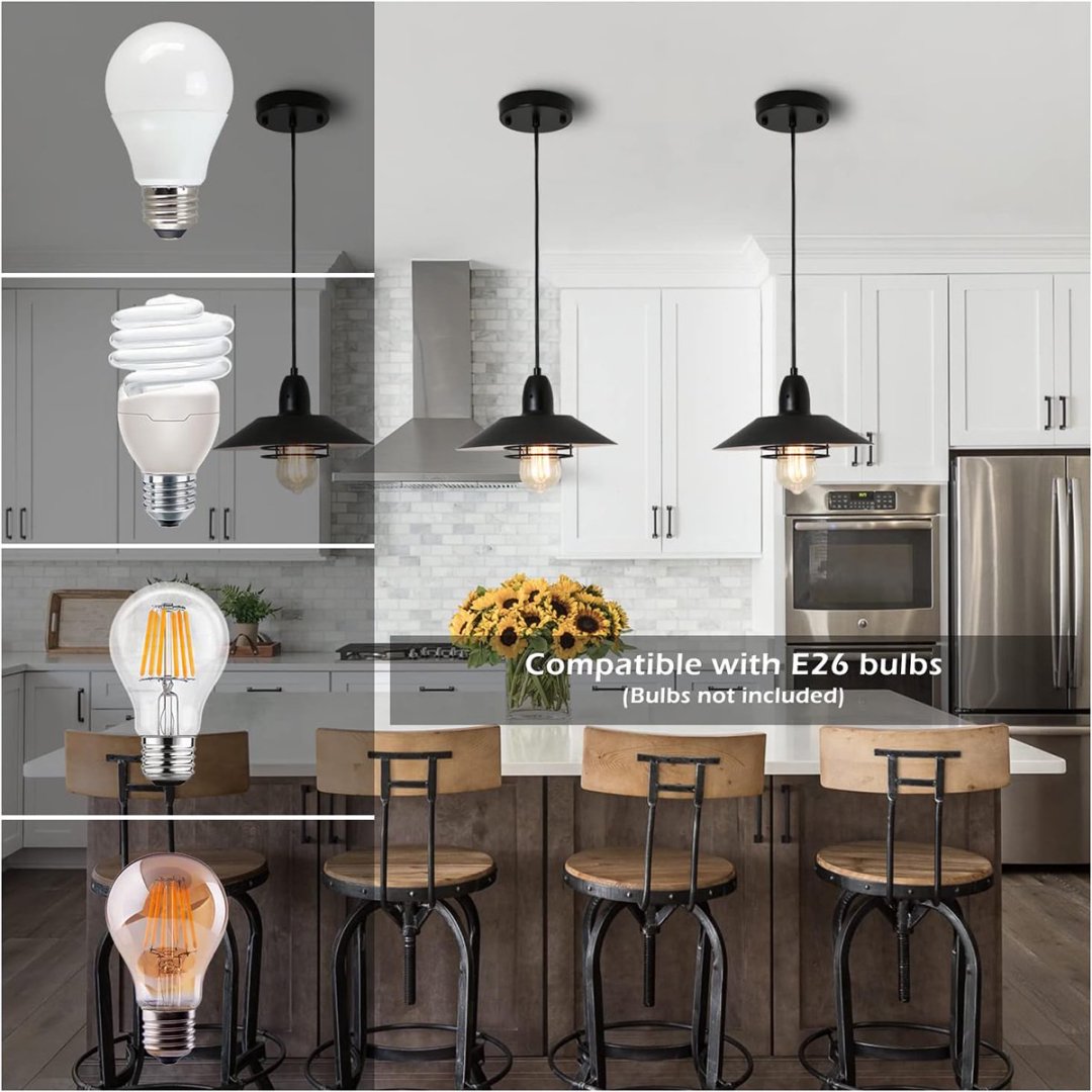 Farmhouse Vintage Pendant Light - Adjustable Black Metal Fixture for Kitchen & Dining