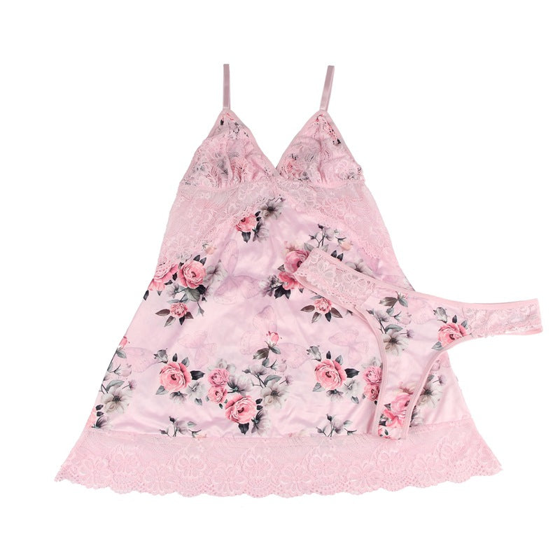 Plus Size Embroidery Lace Sleep Dress with Shorts - Pink & Black