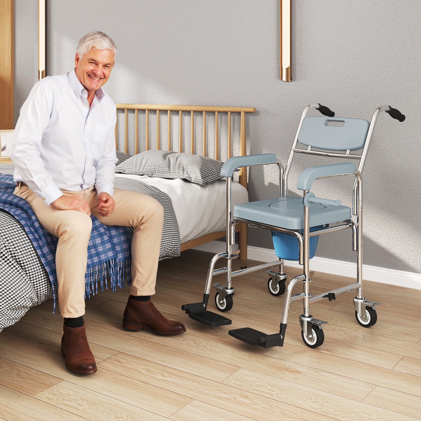 Rolling Shower Wheelchair for Seniors - 4-in-1 Commode Chair, Gray