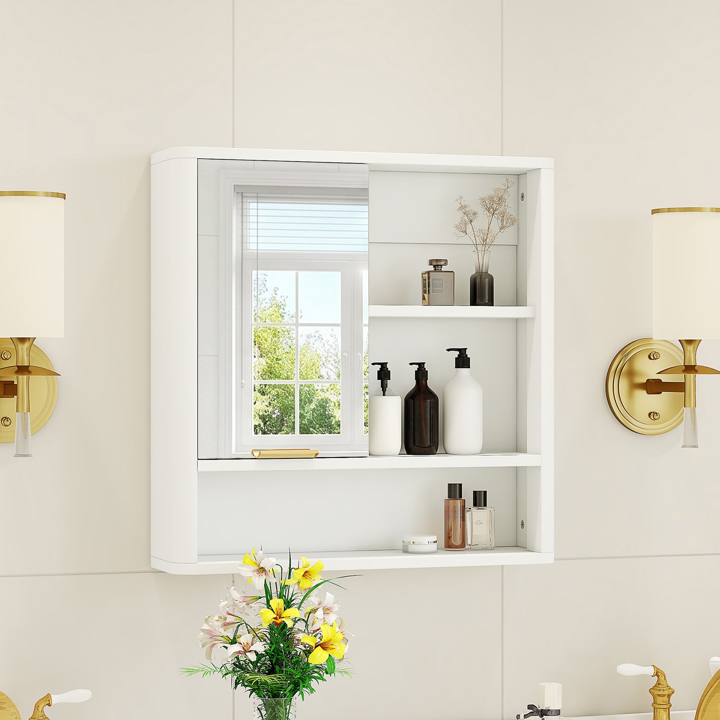 Wall Mounted Modern Bathroom Mirror Cabinet with Gold Accent
