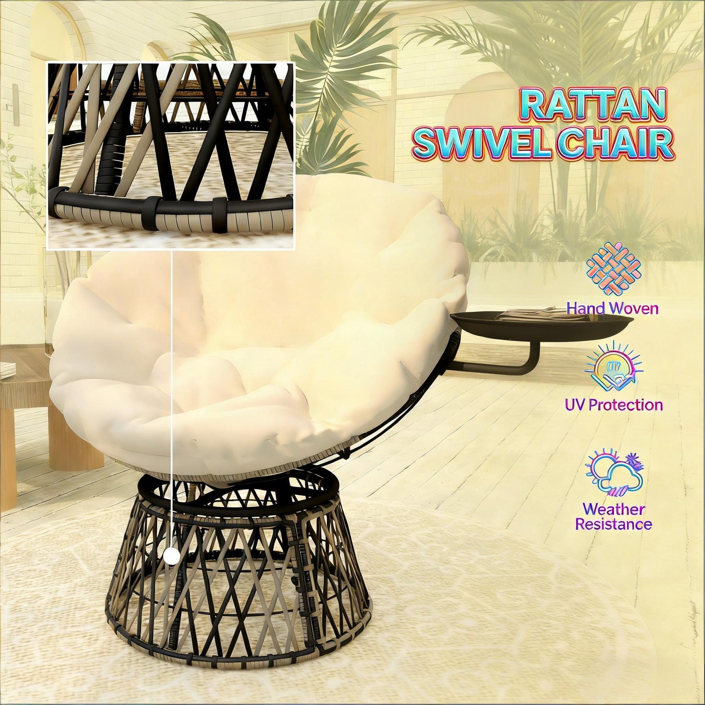 Swivel Papasan Chair - Outdoor Seating with Side Tray - Beige & Dark Gray