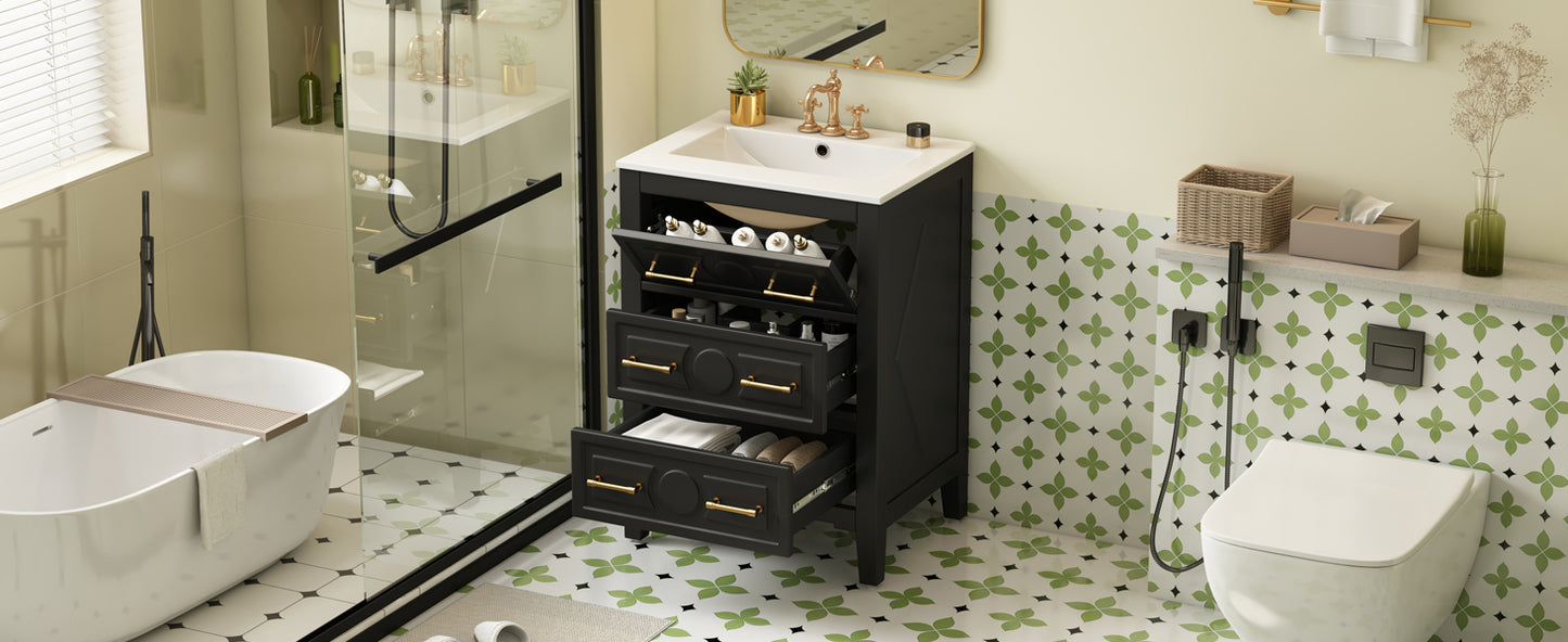 24'' Bathroom Vanity with Ceramic Sink - Black, 3 Drawers