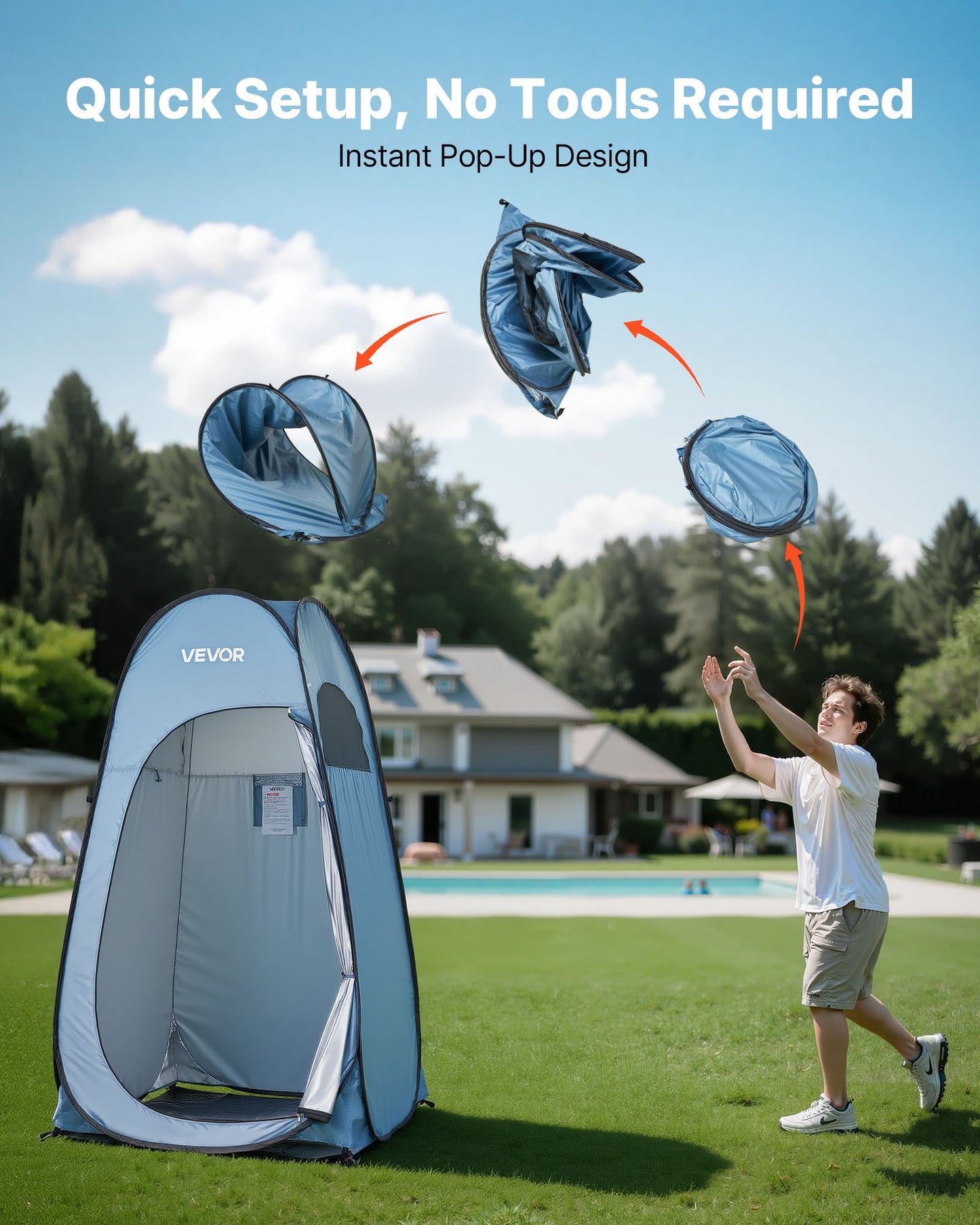 Portable Pop Up Shower Tent with Ground Stakes & Carry Bag - Waterproof Outdoor Privacy Enclosure, Blue