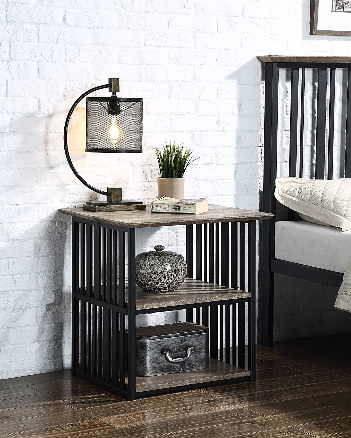Antique Oak & Black Finish Nightstand - Industrial Style