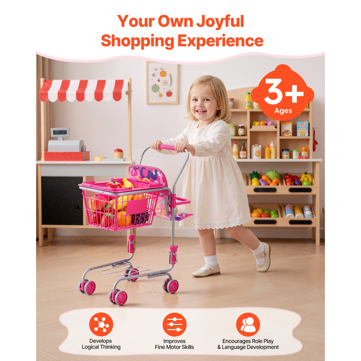Kids Shopping Cart Toy with Doll Seat & Rolling Wheels - Pretend Play Grocery Trolley
