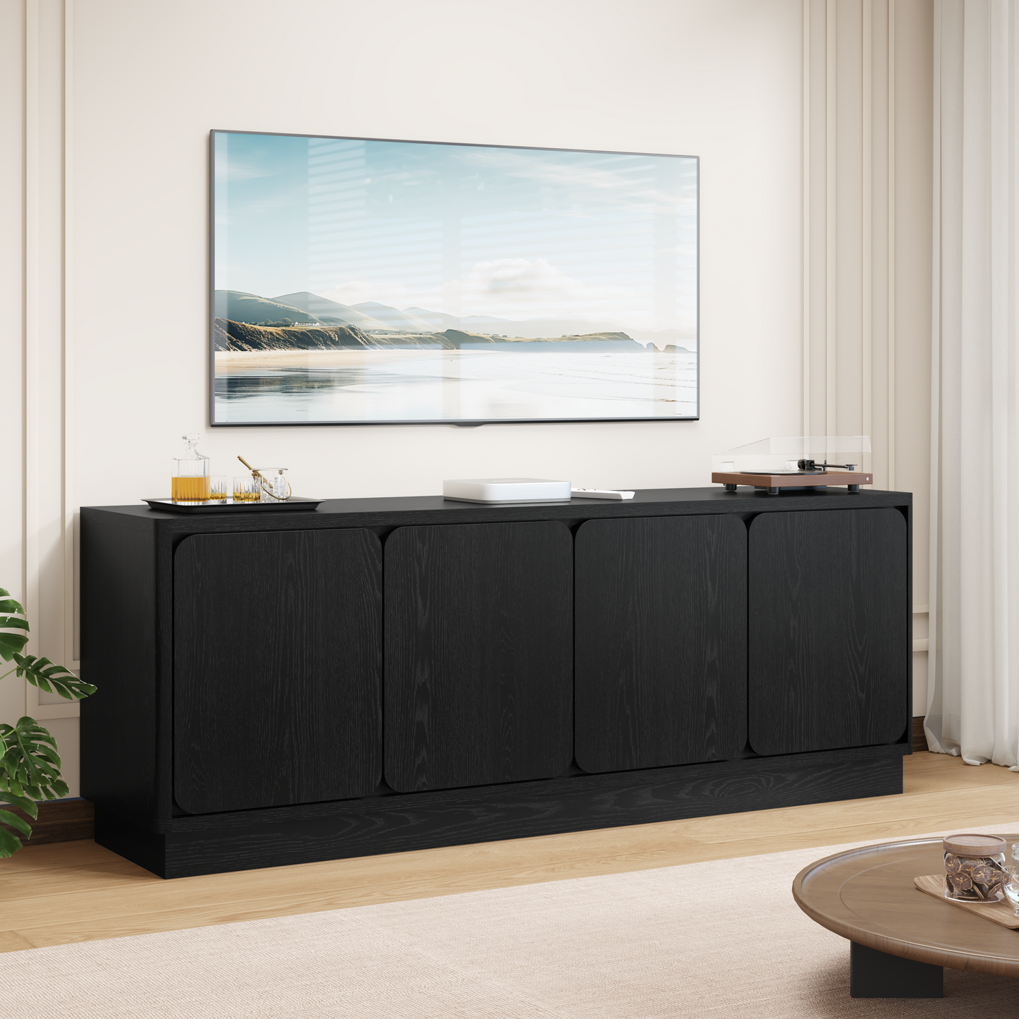 63 Inch Black TV Stand with 4 Storage Doors - Modern Media Console