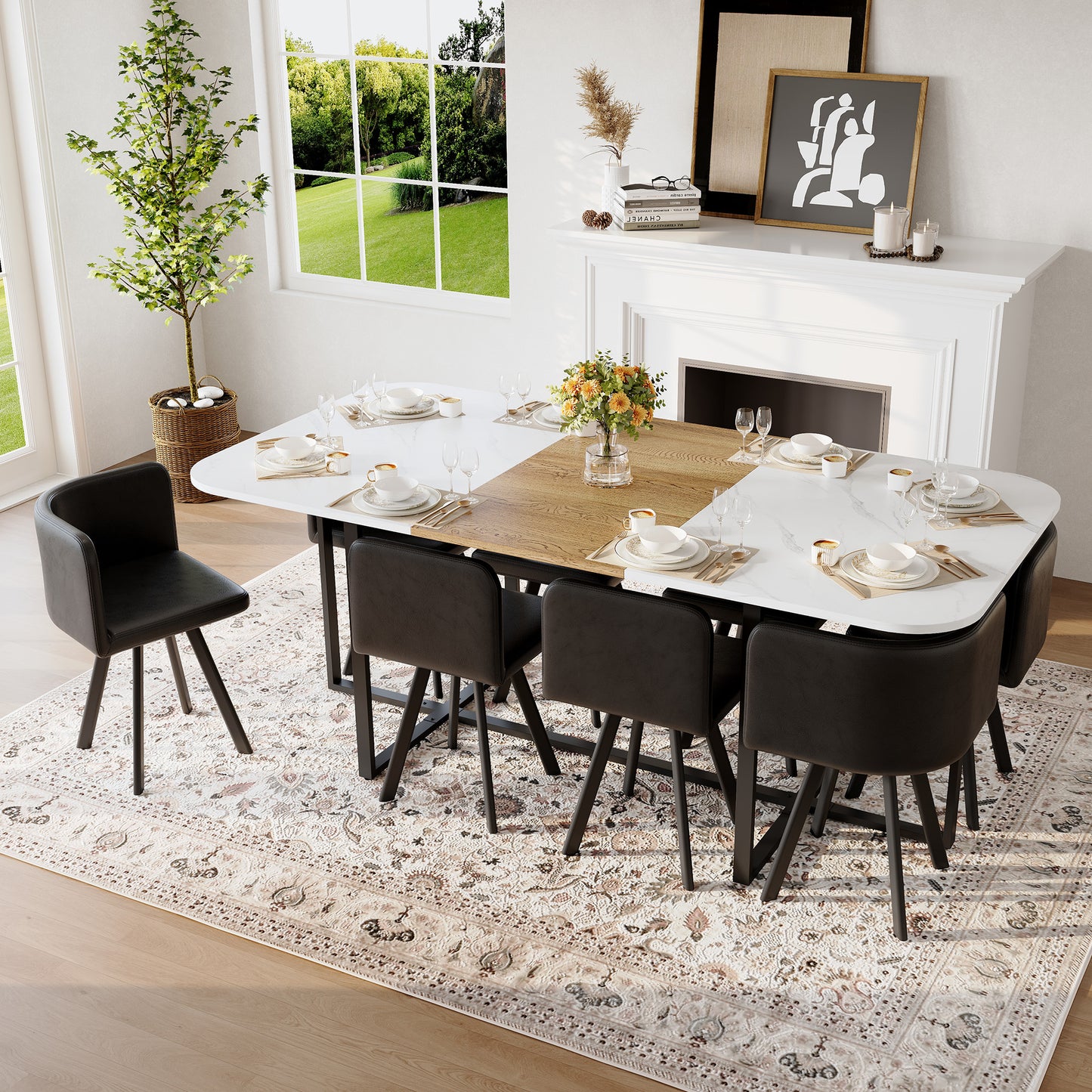 9-Piece Square Dining Table Set, Fixed White Faux Marble & Wood Grain
