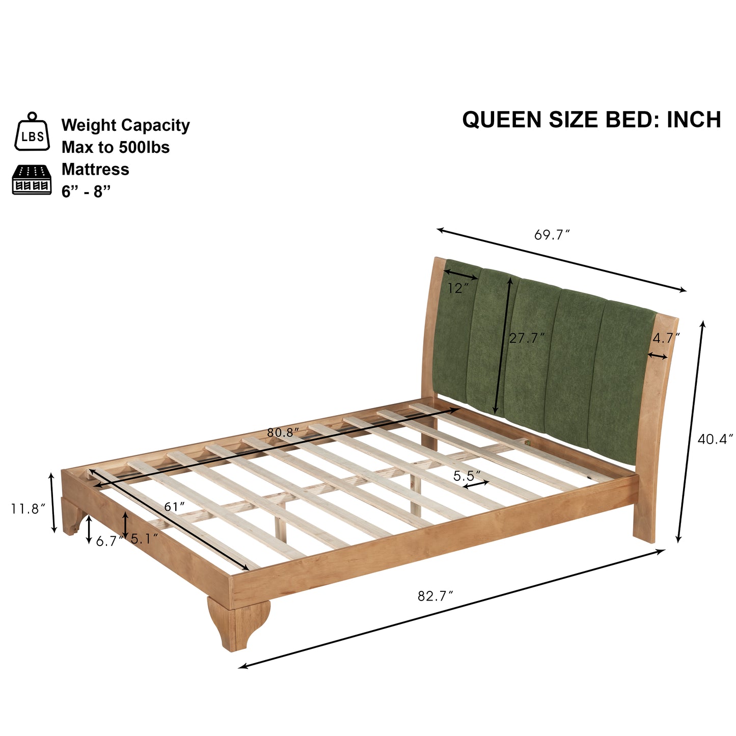 Queen Size Bed Frame with Headboard - Premium Pine Wood, Green