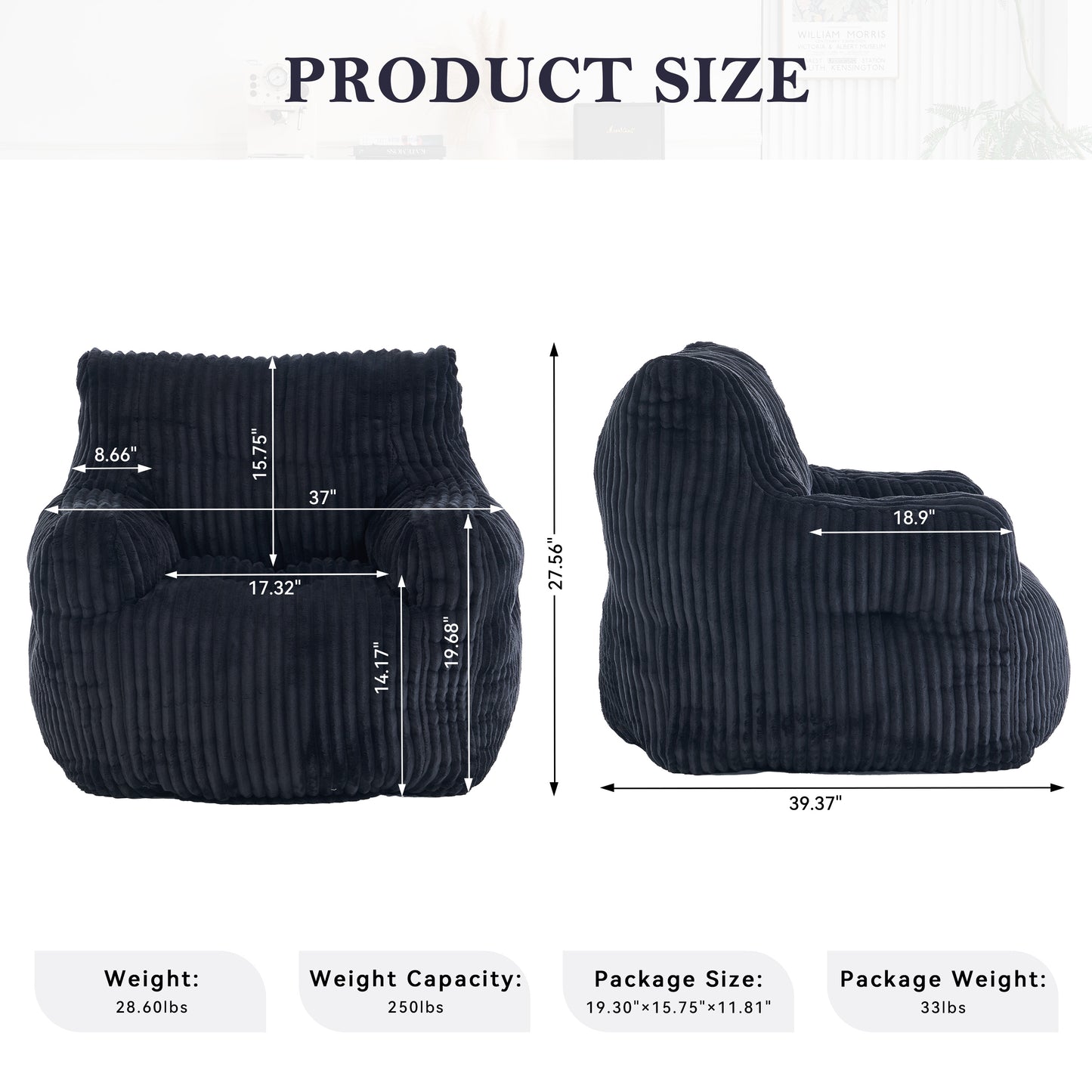 Soft Fluffy Corduroy Bean Bag Chair with Memory Foam - Black