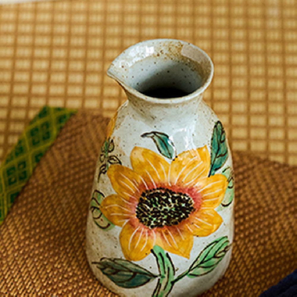 Hand Drawn Sunflower Ceramic Wine Dispenser with Glass Set - Retro Kitchen Barware