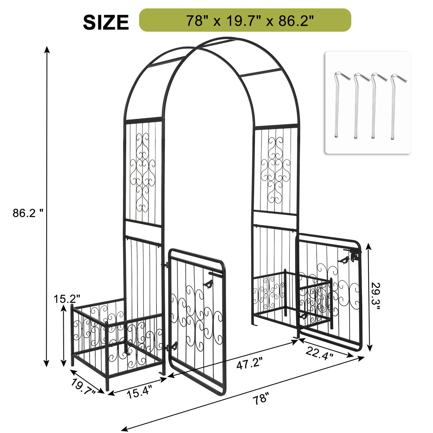 Garden Arbor Arch with Gate and Planter Box - Black Iron Support for Climbing Plants