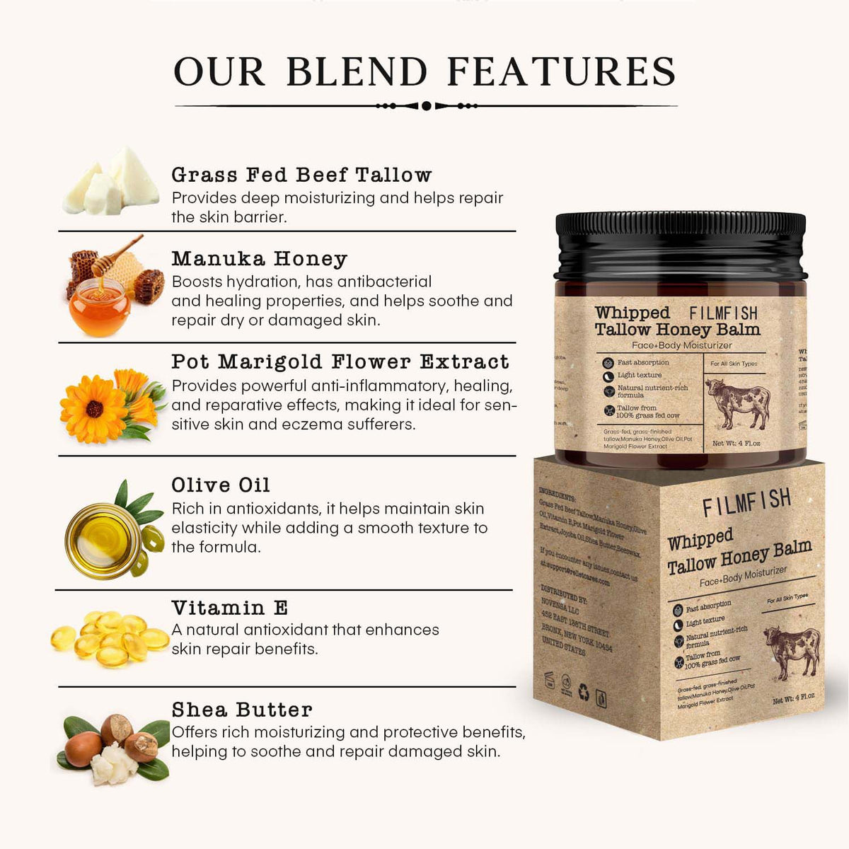 Bee Grass-fed Tallow Facial Cream - 120g Natural Skin Care for All Skin Types
