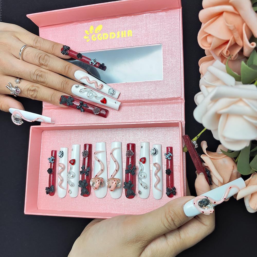 Handmade Acrylic Press-On Nails - Rhinestone Snake and Rose Design