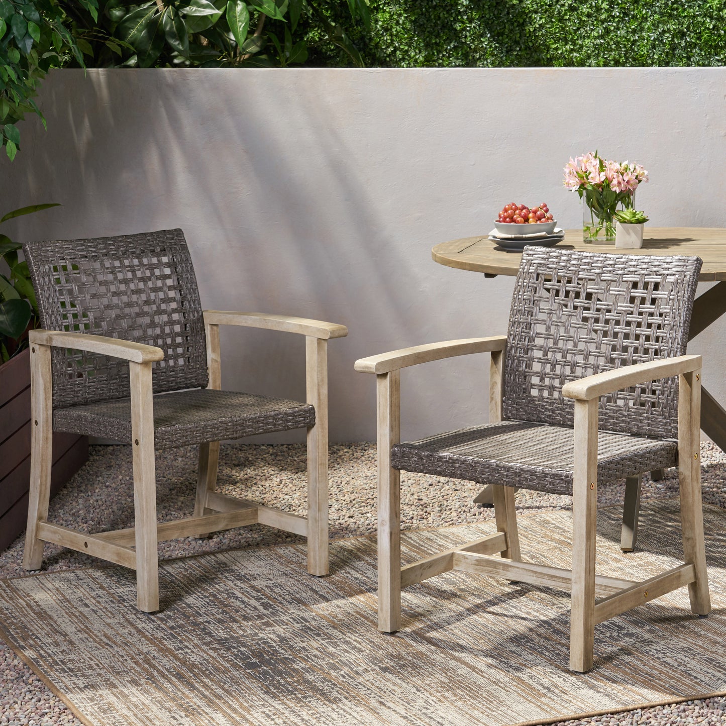 Hampton Wood and Wicker Dining Chair Set of 2 - Black Grey