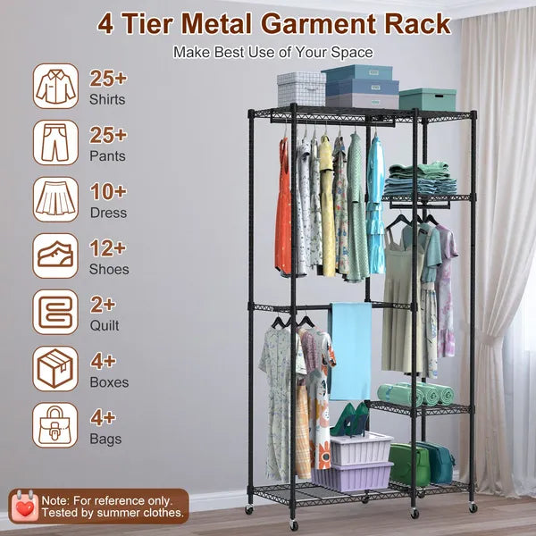 4 Tier Heavy Duty Garment Rack With Wheels Carbon Steel Clothing
